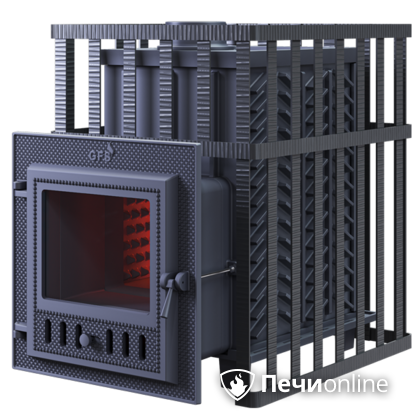 Дровяная банная печь Гефест ЗК в сетке-18 (М) чугунная дверца со стеклом, запатентованная каменка сетка в Сургуте